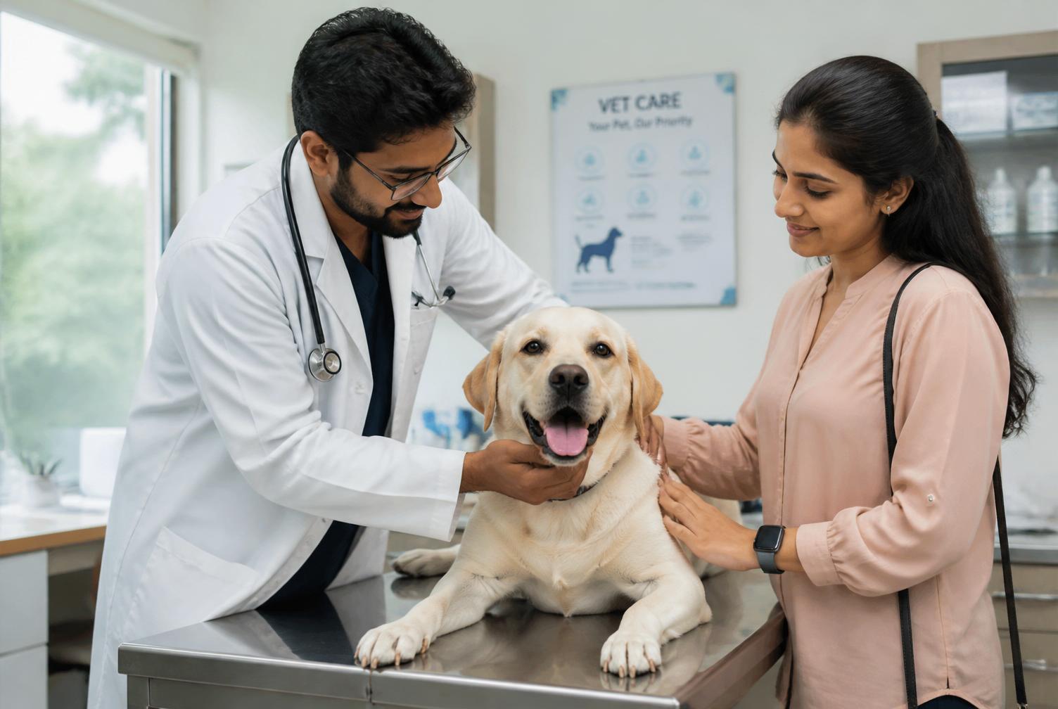 Dr. Bhavin examining a labrador with its owner